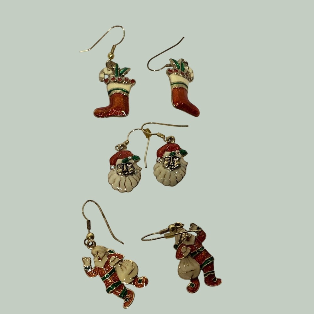 Vintage Christmas Enamel Drop Earring Set Santa Stocking Gold Tone Holiday Lot